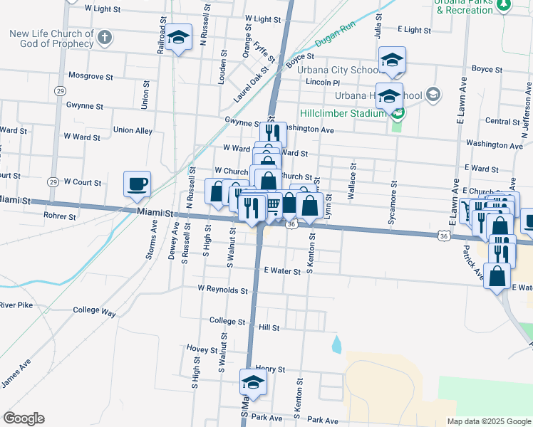 map of restaurants, bars, coffee shops, grocery stores, and more near in Urbana