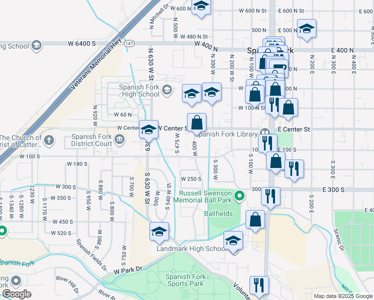 map of restaurants, bars, coffee shops, grocery stores, and more near 88 South 400 West Street in Spanish Fork
