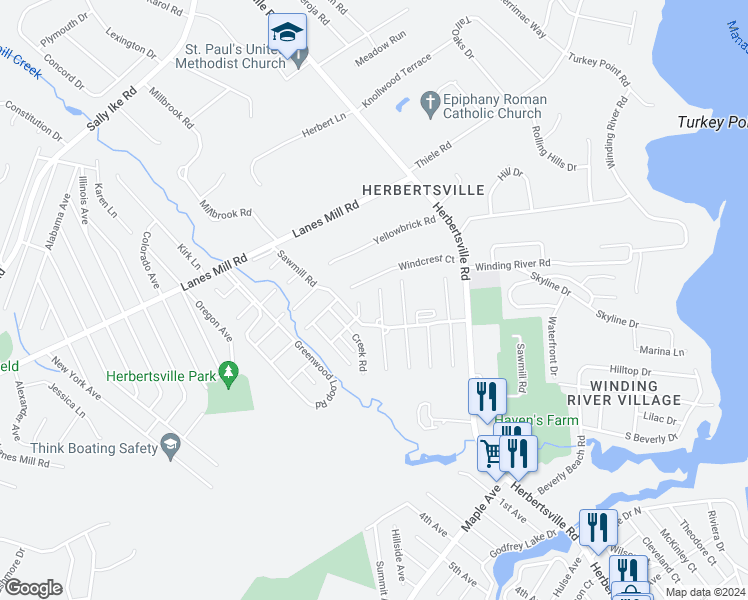 map of restaurants, bars, coffee shops, grocery stores, and more near 53 Sawmill Road in Brick