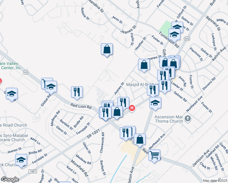 map of restaurants, bars, coffee shops, grocery stores, and more near 10056 Jeanes Street in Philadelphia
