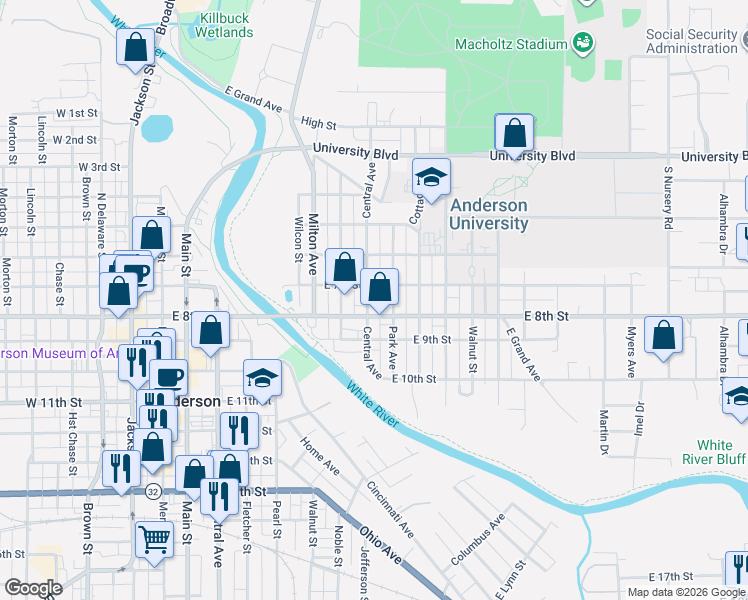 map of restaurants, bars, coffee shops, grocery stores, and more near 715 Park Avenue in Anderson