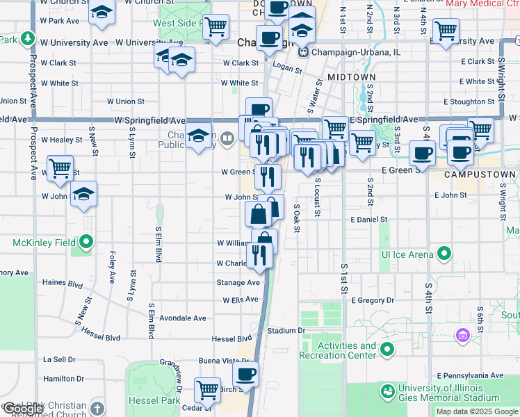 map of restaurants, bars, coffee shops, grocery stores, and more near 703 S Neil St in Champaign