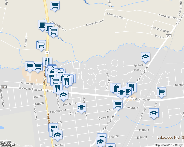 map of restaurants, bars, coffee shops, grocery stores, and more near 151 Williamsburg Lane in Lakewood Township