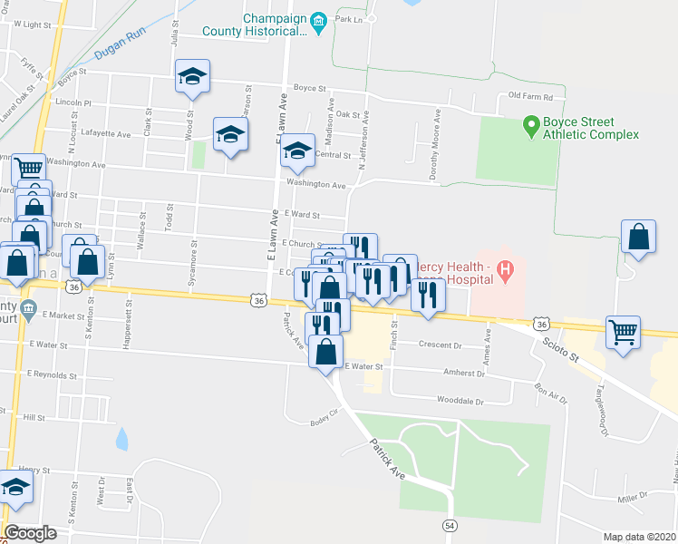 map of restaurants, bars, coffee shops, grocery stores, and more near 690 East Court Street in Urbana