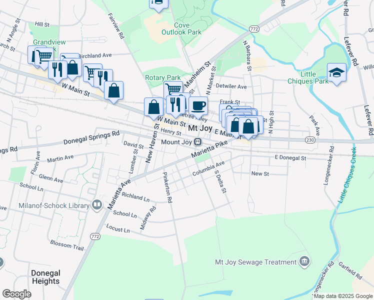 map of restaurants, bars, coffee shops, grocery stores, and more near 22 West Donegal Street in Mount Joy