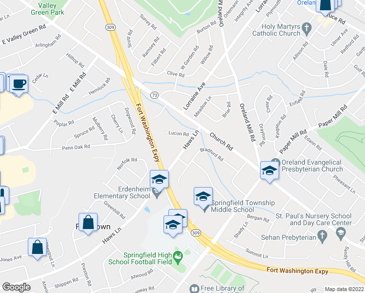 map of restaurants, bars, coffee shops, grocery stores, and more near 609 Haws Lane in Oreland