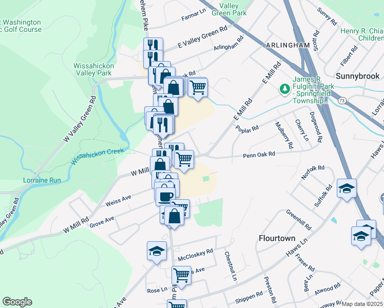 map of restaurants, bars, coffee shops, grocery stores, and more near 21 E Mill Rd in Flourtown