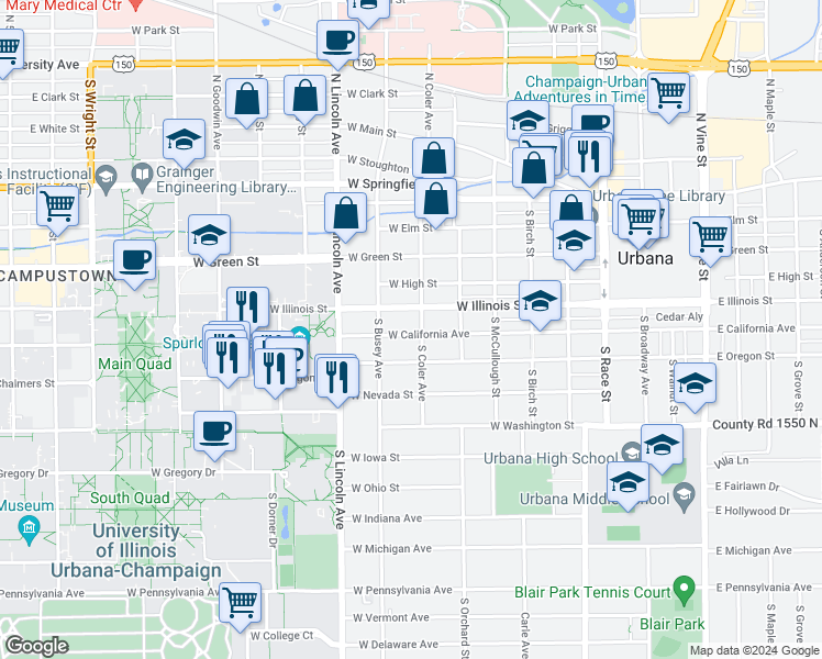 map of restaurants, bars, coffee shops, grocery stores, and more near 704 West California Avenue in Urbana