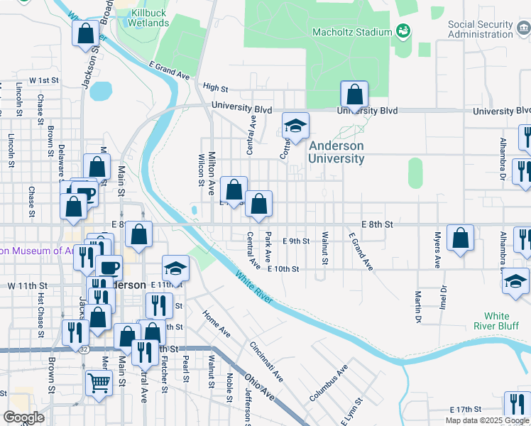 map of restaurants, bars, coffee shops, grocery stores, and more near 715 Park Avenue in Anderson