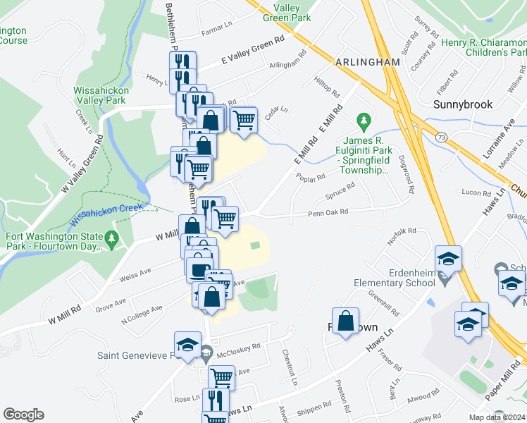 map of restaurants, bars, coffee shops, grocery stores, and more near 100 East Mill Road in Flourtown