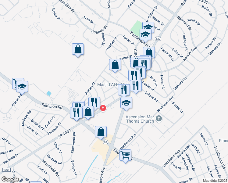 map of restaurants, bars, coffee shops, grocery stores, and more near 10170 Ferndale Street in Philadelphia