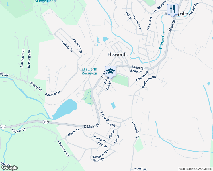 map of restaurants, bars, coffee shops, grocery stores, and more near 10 North Pine Street in Ellsworth