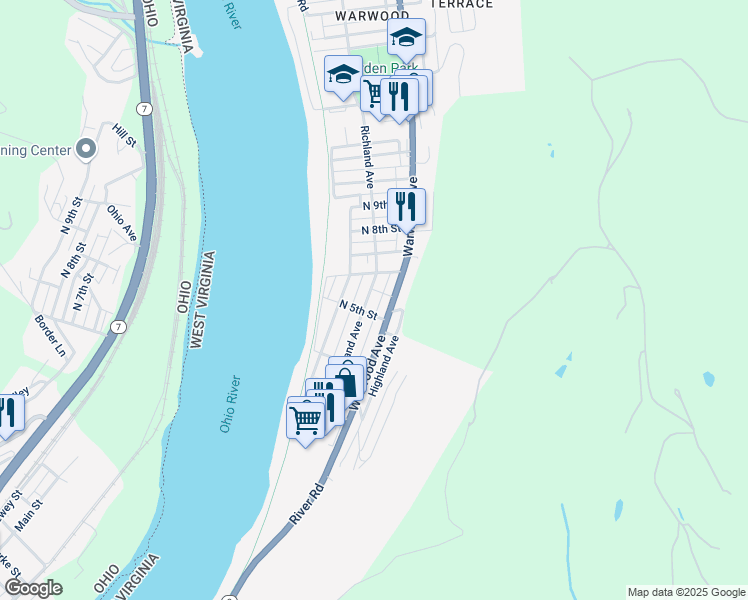 map of restaurants, bars, coffee shops, grocery stores, and more near 510 Richland Avenue in Wheeling