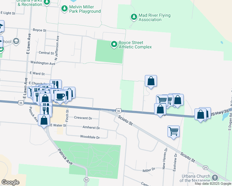 map of restaurants, bars, coffee shops, grocery stores, and more near 214 Berwick Drive in Urbana