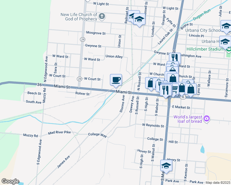 map of restaurants, bars, coffee shops, grocery stores, and more near 635 Miami Street in Urbana