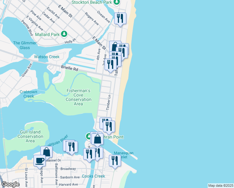 map of restaurants, bars, coffee shops, grocery stores, and more near 297 Beach Front in Manasquan