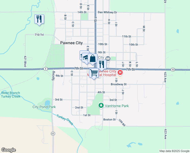 map of restaurants, bars, coffee shops, grocery stores, and more near 625 6th Street in Pawnee City