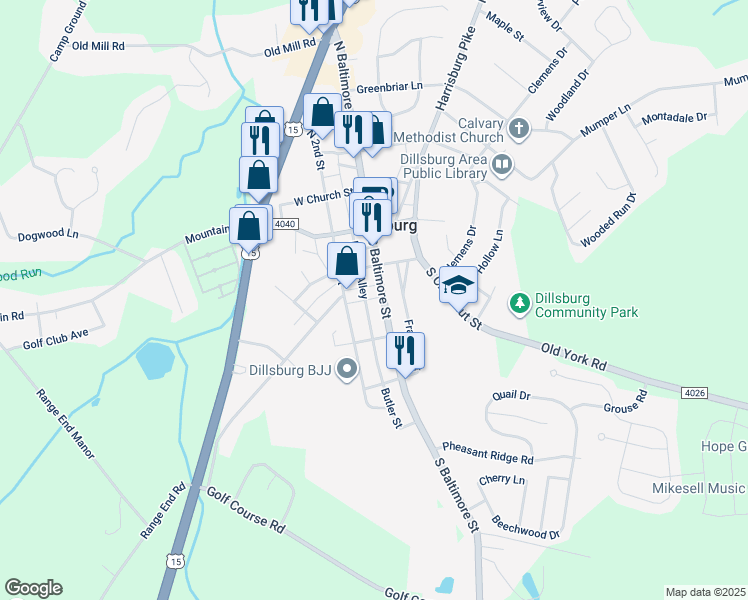 map of restaurants, bars, coffee shops, grocery stores, and more near 140 S Baltimore St in Dillsburg