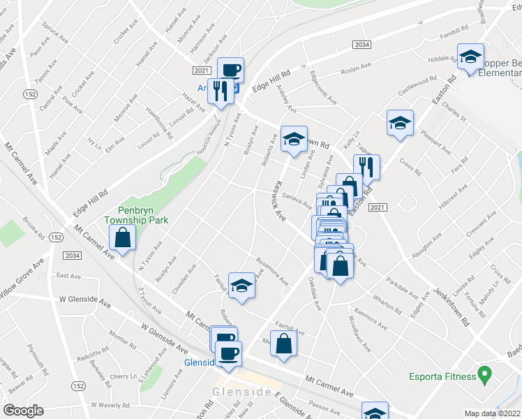 map of restaurants, bars, coffee shops, grocery stores, and more near 357 Roberts Avenue in Glenside