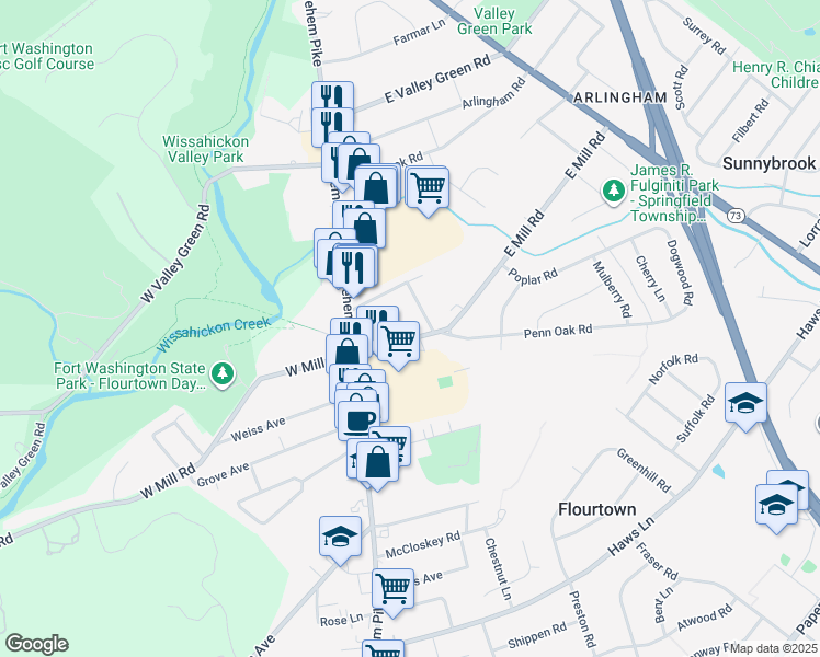 map of restaurants, bars, coffee shops, grocery stores, and more near 19 E Mill Rd in Flourtown