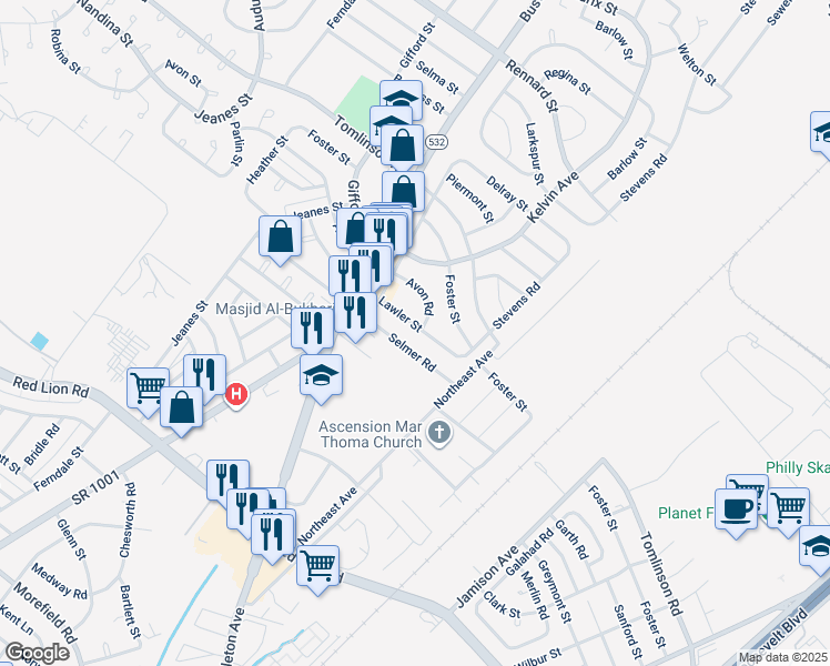 map of restaurants, bars, coffee shops, grocery stores, and more near 830 Lawler Street in Philadelphia