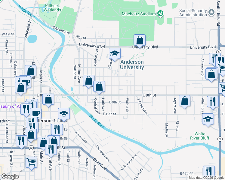 map of restaurants, bars, coffee shops, grocery stores, and more near 712 Cottage Avenue in Anderson