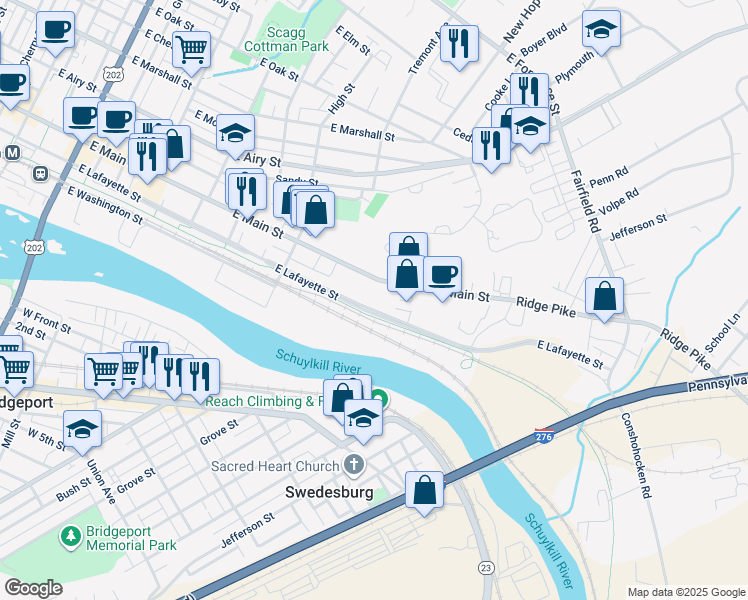 map of restaurants, bars, coffee shops, grocery stores, and more near 800 East Main Street in Norristown