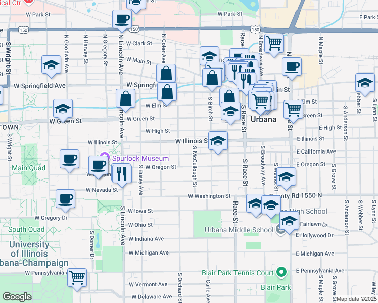 map of restaurants, bars, coffee shops, grocery stores, and more near 504 West California Avenue in Urbana