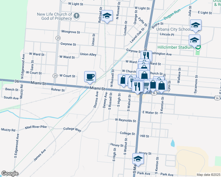 map of restaurants, bars, coffee shops, grocery stores, and more near 400 Miami Street in Urbana