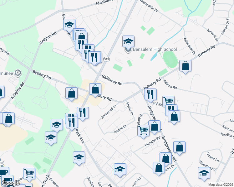map of restaurants, bars, coffee shops, grocery stores, and more near 1977 Byberry Road in Bensalem