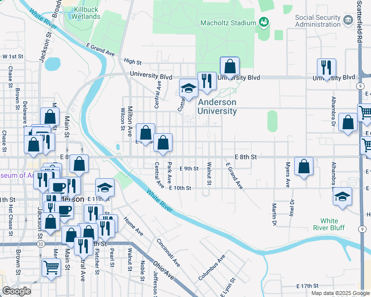 map of restaurants, bars, coffee shops, grocery stores, and more near 712 Cottage Avenue in Anderson