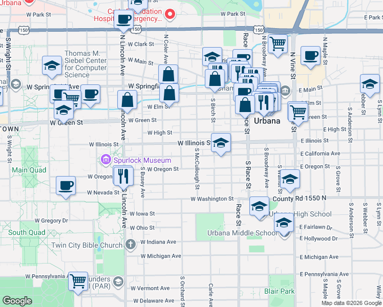 map of restaurants, bars, coffee shops, grocery stores, and more near 504 West California Avenue in Urbana
