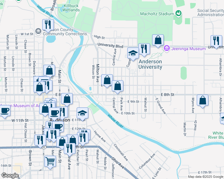 map of restaurants, bars, coffee shops, grocery stores, and more near 711 Central Avenue in Anderson