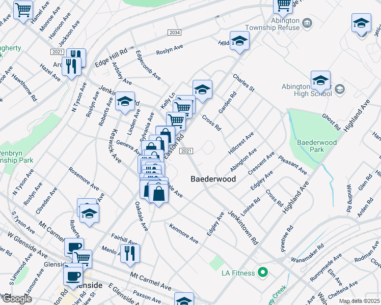 map of restaurants, bars, coffee shops, grocery stores, and more near 2271 Jenkintown Rd in Glenside