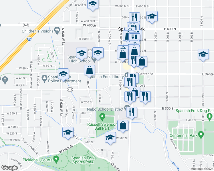 map of restaurants, bars, coffee shops, grocery stores, and more near 96 South 200 West in Spanish Fork