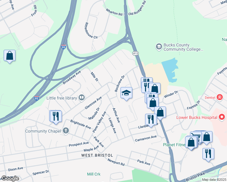 map of restaurants, bars, coffee shops, grocery stores, and more near 3509 Rockview Drive in Bristol
