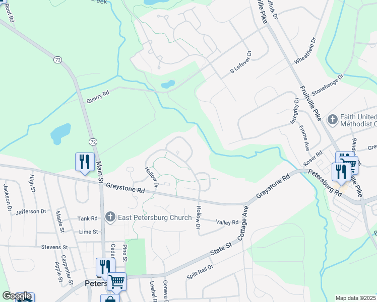 map of restaurants, bars, coffee shops, grocery stores, and more near 2617 Northfield Drive in East Petersburg