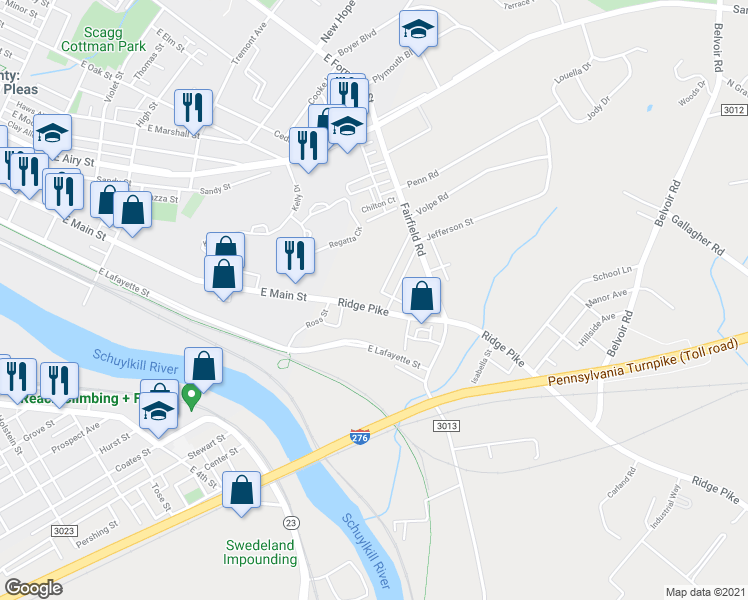 map of restaurants, bars, coffee shops, grocery stores, and more near 1215 Ridge Pike in Plymouth Meeting
