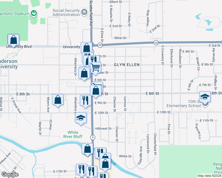 map of restaurants, bars, coffee shops, grocery stores, and more near 2325 East 7th Street in Anderson