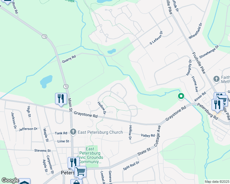 map of restaurants, bars, coffee shops, grocery stores, and more near 2798 Madison Court in East Petersburg