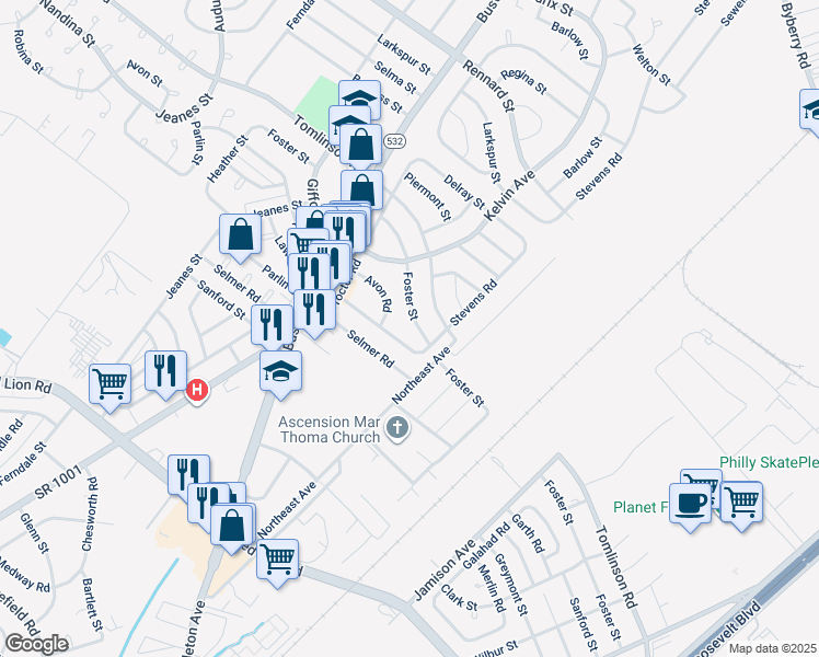 map of restaurants, bars, coffee shops, grocery stores, and more near 1036 Foster Street in Philadelphia