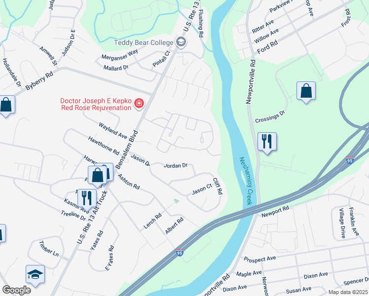 map of restaurants, bars, coffee shops, grocery stores, and more near 580 South Mount Vernon Circle in Bensalem