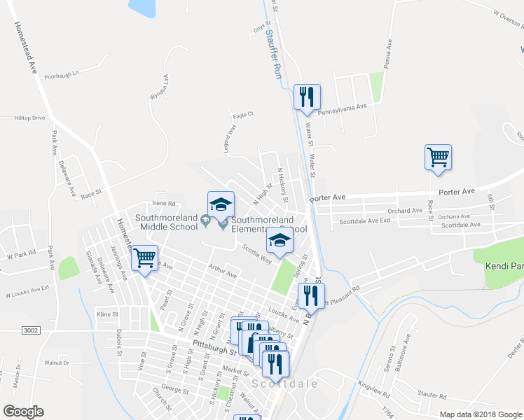 map of restaurants, bars, coffee shops, grocery stores, and more near 604 Parker Avenue in Scottdale