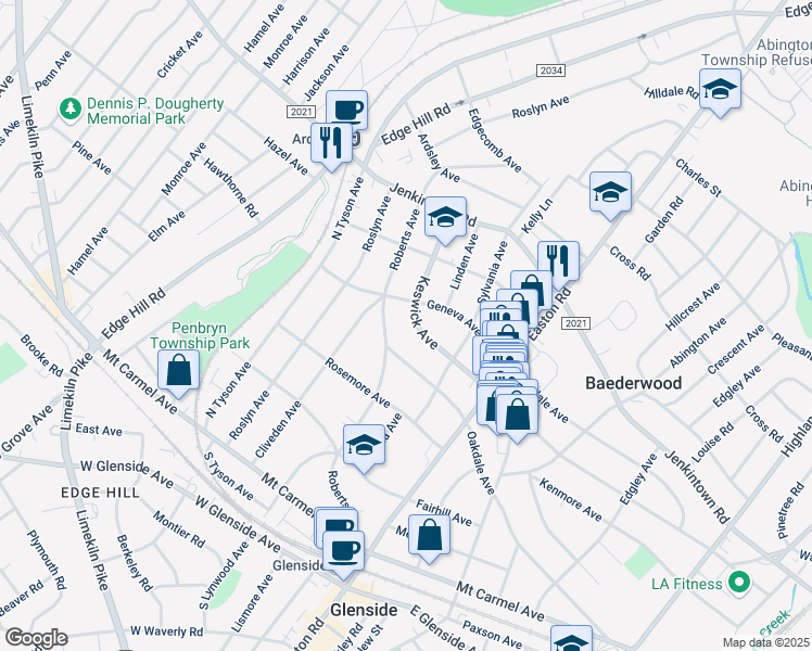 map of restaurants, bars, coffee shops, grocery stores, and more near 357 Roberts Avenue in Glenside