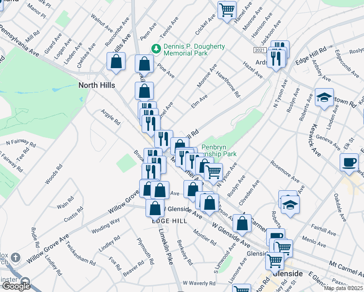 map of restaurants, bars, coffee shops, grocery stores, and more near 122 Egerton Avenue in Glenside