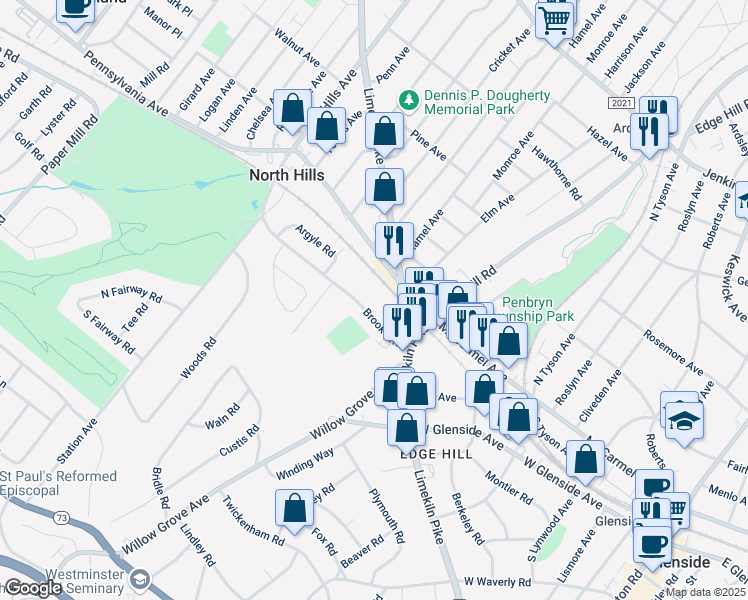 map of restaurants, bars, coffee shops, grocery stores, and more near 651 Brooke Road in Glenside