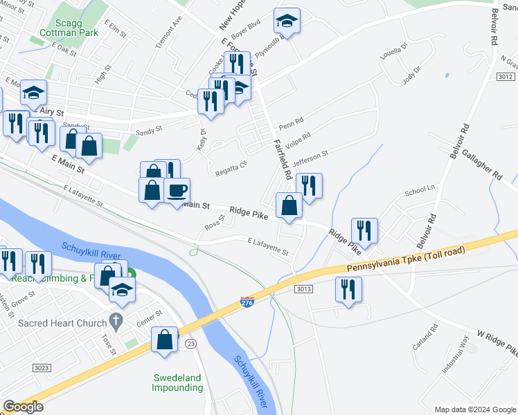 map of restaurants, bars, coffee shops, grocery stores, and more near 1215 Ridge Pike in Plymouth Meeting