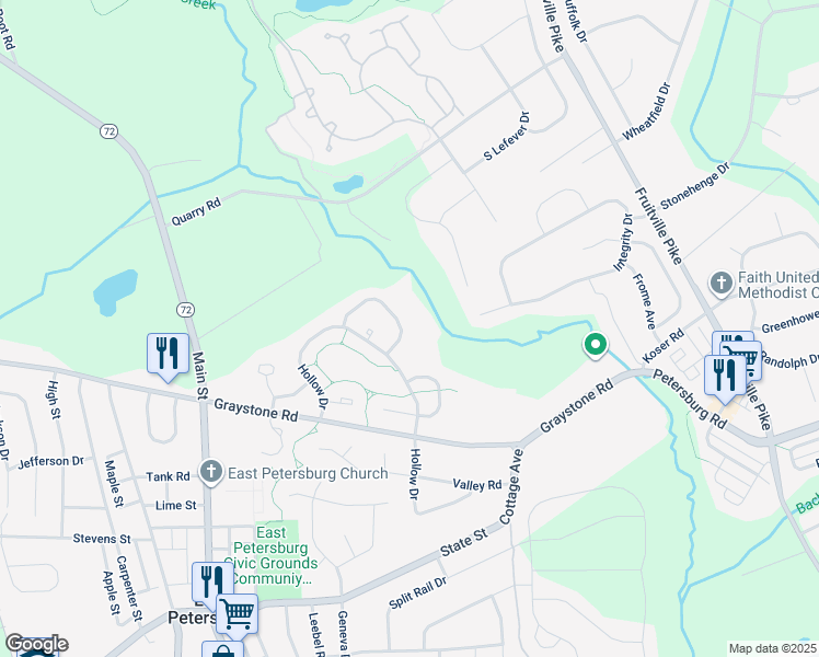 map of restaurants, bars, coffee shops, grocery stores, and more near 2624 Northfield Drive in East Petersburg