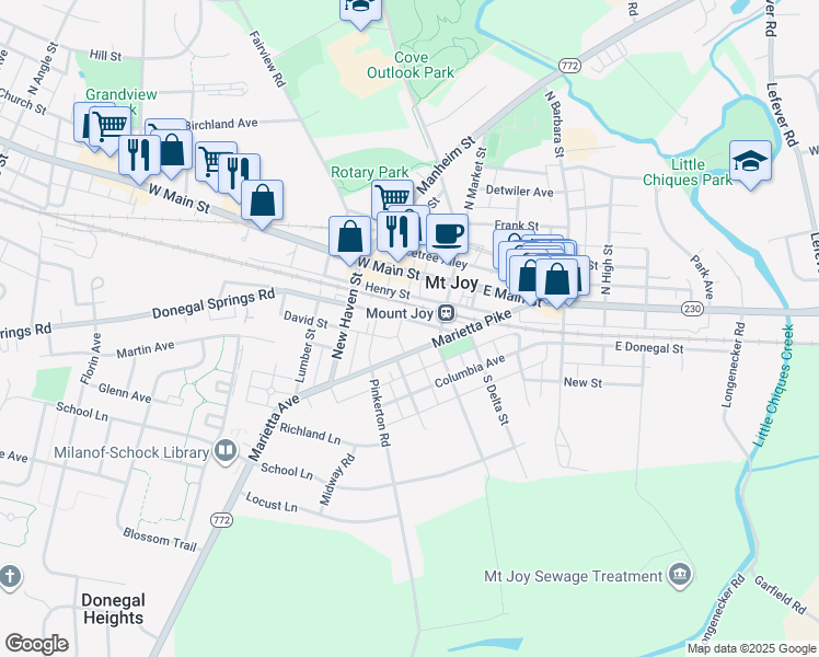 map of restaurants, bars, coffee shops, grocery stores, and more near 22 West Donegal Street in Mount Joy