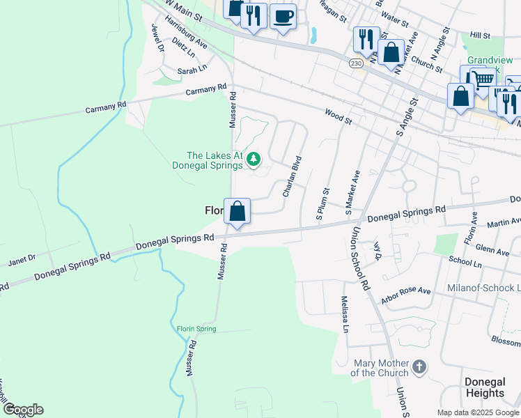 map of restaurants, bars, coffee shops, grocery stores, and more near 109 Charlan Boulevard in Mount Joy